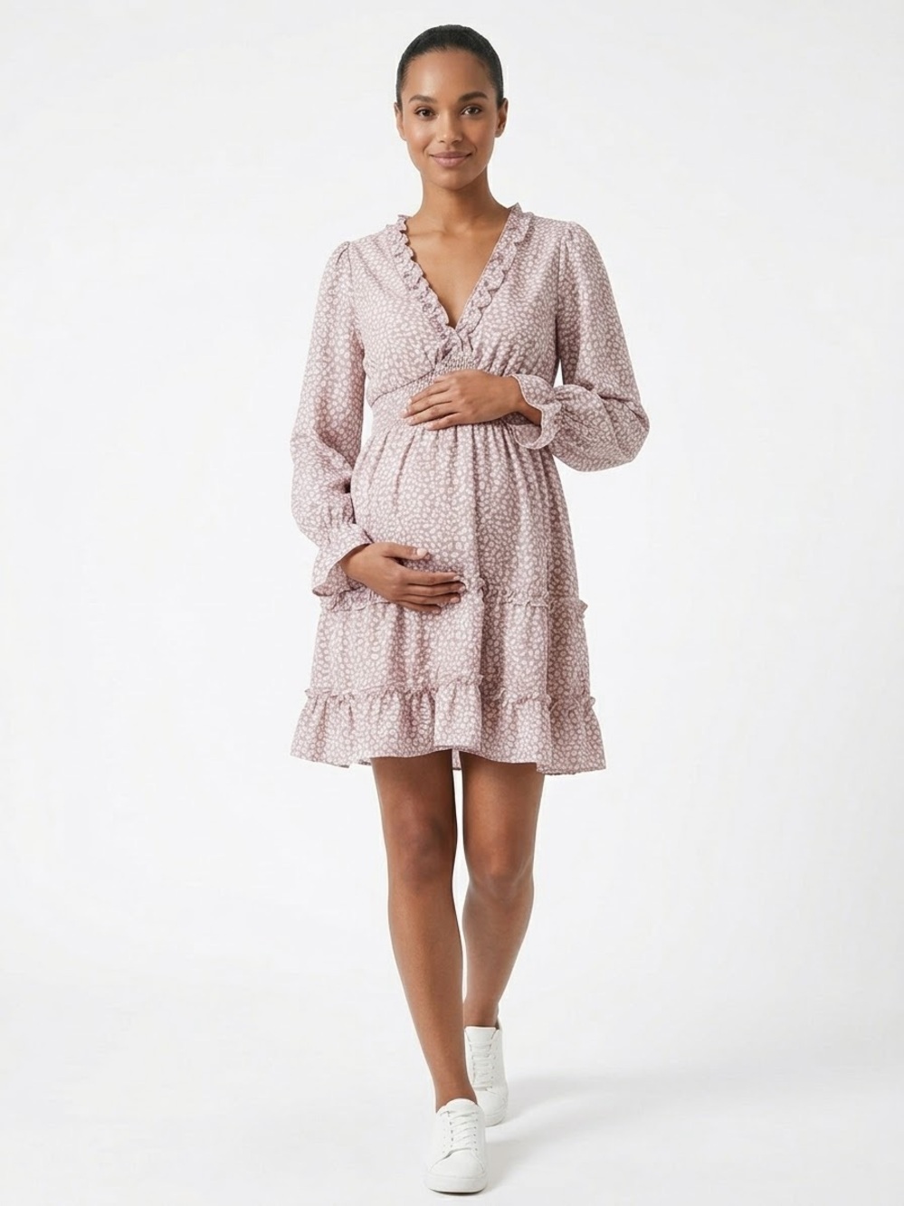 SHEIN Blush Print Ruffle V-Neck Mini Dress